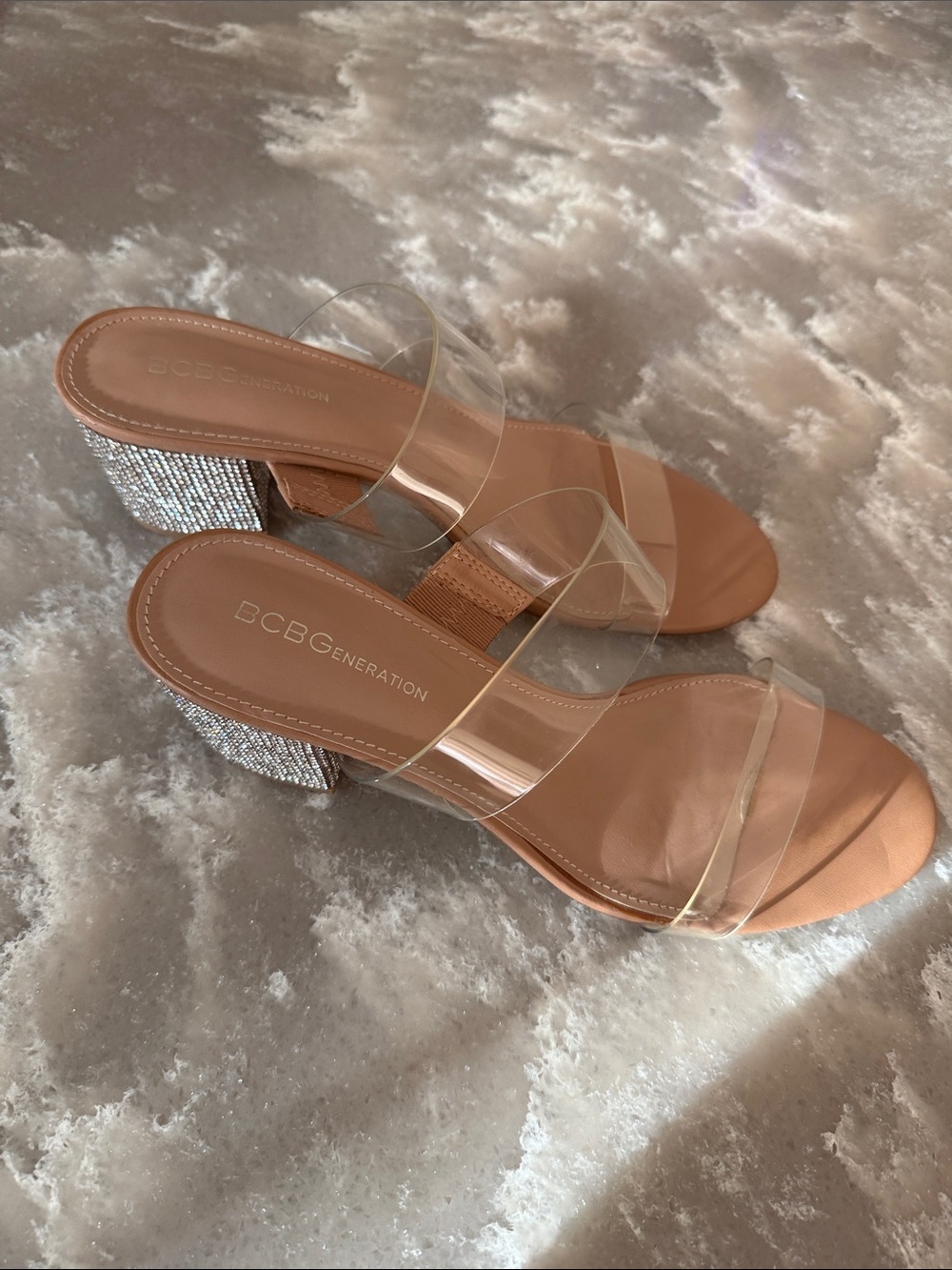 BCBGeneration Nude Clear-Strap Mule with Rhinestone Block Heel